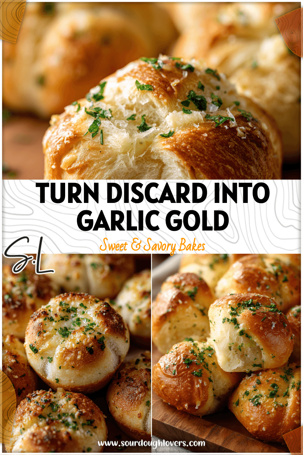 Close-up of sourdough garlic knots made from discard starter brushed with melted butter and parsley.